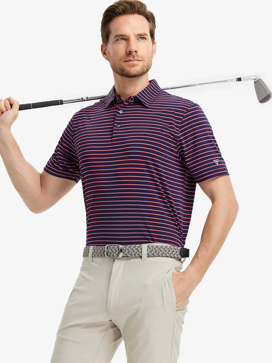 Model poses mid-swing in NAVY/RED STRIPE Polo with dynamic golf posture