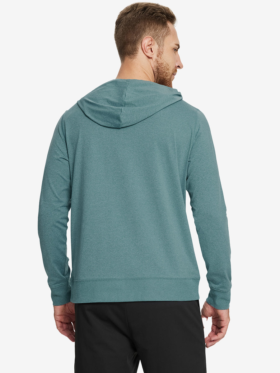 Back view of the Athletic Golf Hoodie in Aqua Heather, model turns head slightly for a casual look.