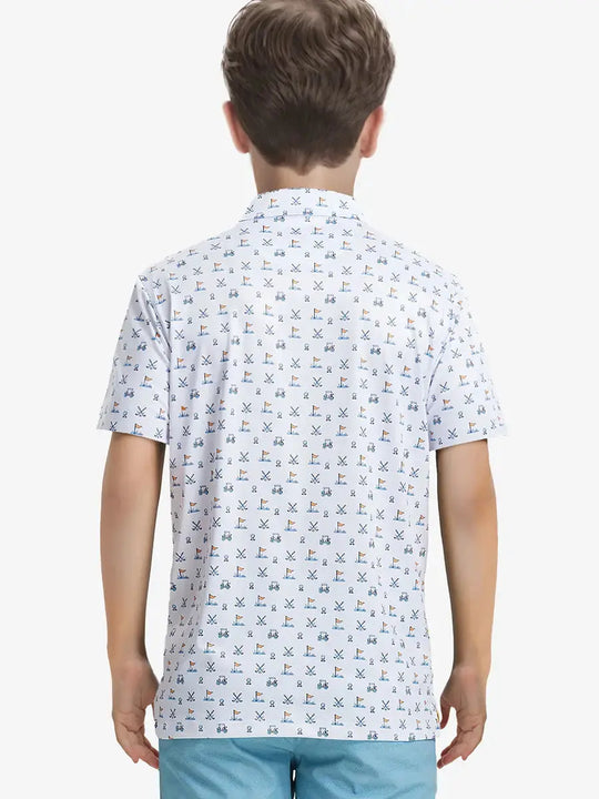 Back half-body view of boy wearing WHITE GOLF Performance Print Boys Golf Polo outdoors
