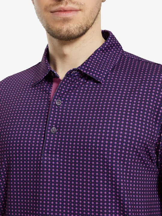 MAELREG Men's Performance Jersey Print Polo – Front chest view in Black Purple Flower