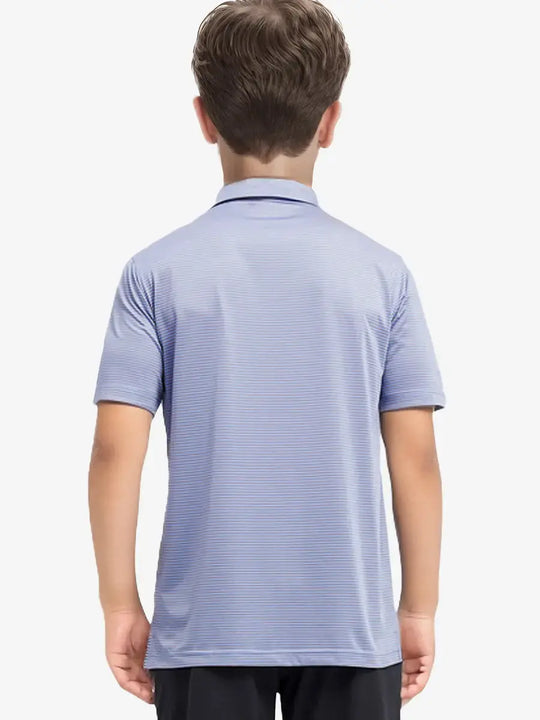 Back view of Youth Cooling Polo – half-body model in BluishYellow Stripe