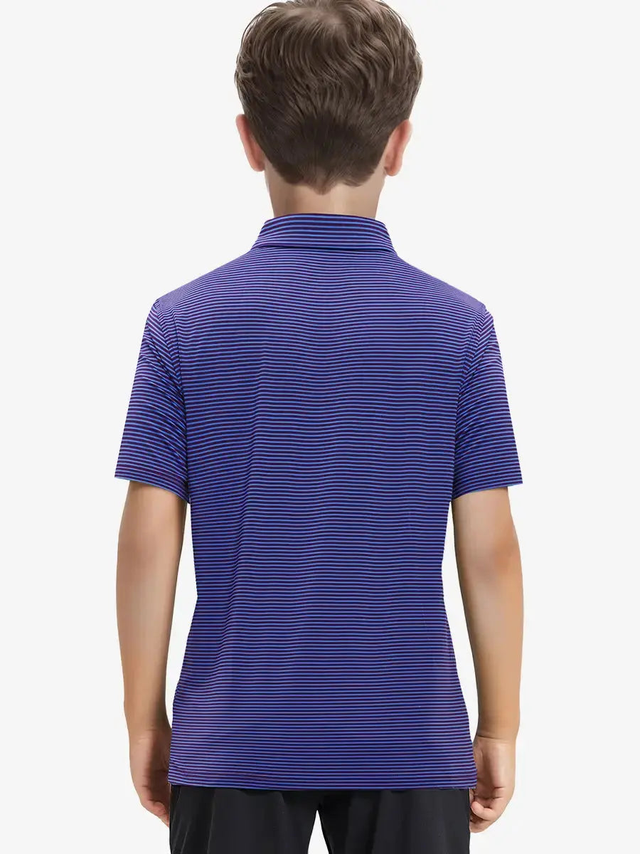 Back view of Youth Cooling Polo – half-body model in Plum Blue Stripe