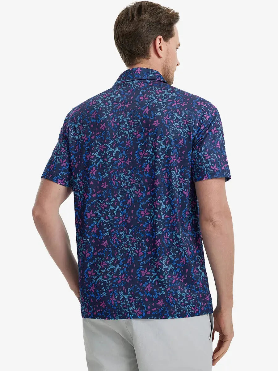 Back view of MAELREG Men's Performance Jersey Print Polo in Navy Colorful Flower – athletic fit