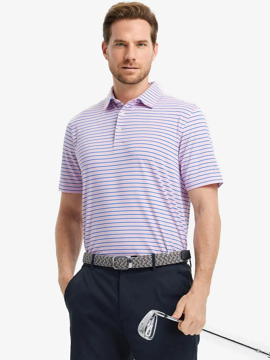 Model in LIGHT PINK/COBALT STRIPE Polo holding a golf club in a relaxed stance
