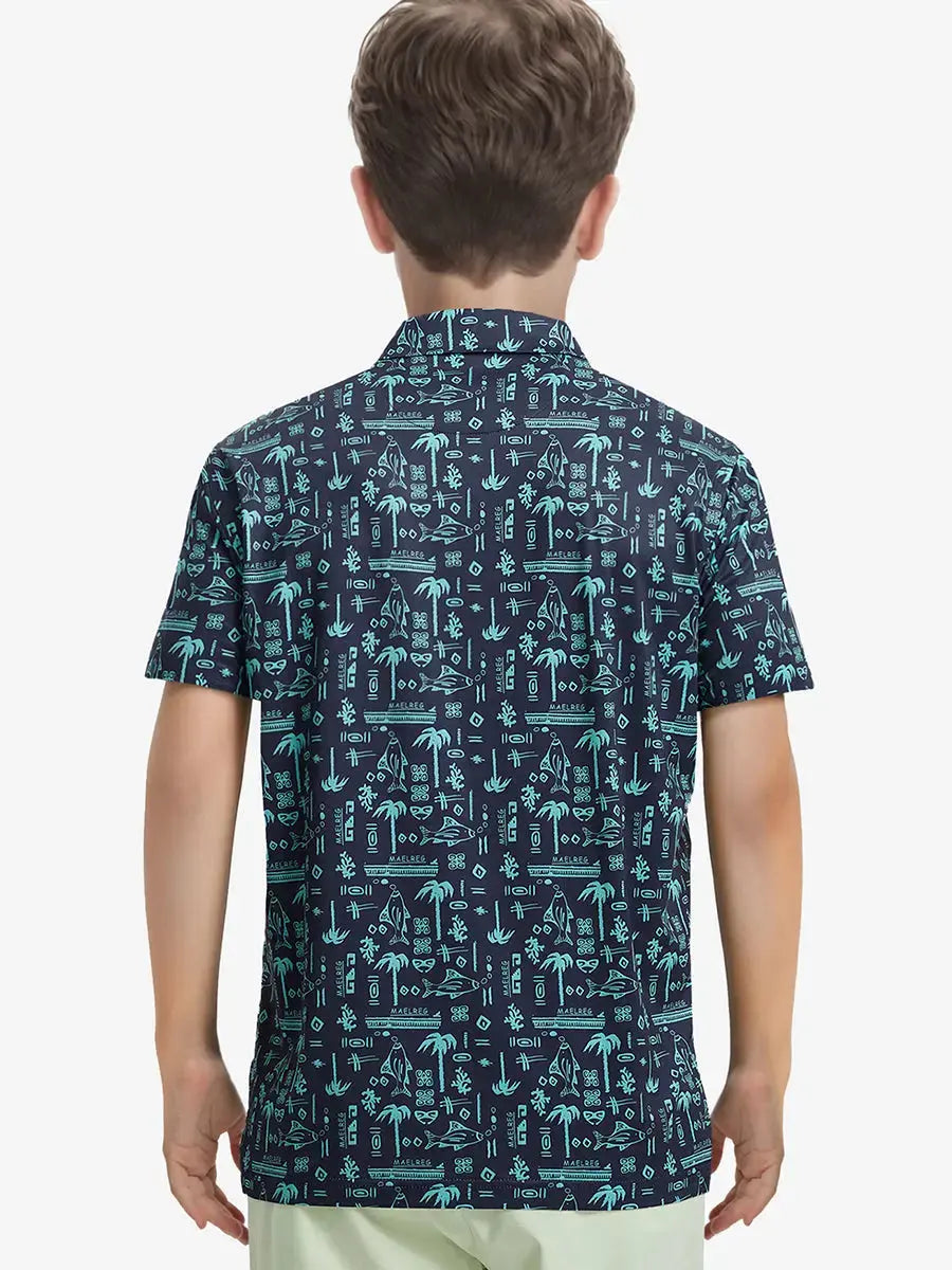 Half-back view of NAVY OCEAN BEACH polo, featuring neat seams and relaxed silhouette