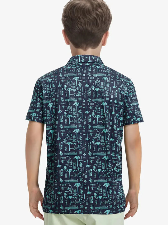 Half-back view of NAVY OCEAN BEACH polo, featuring neat seams and relaxed silhouette