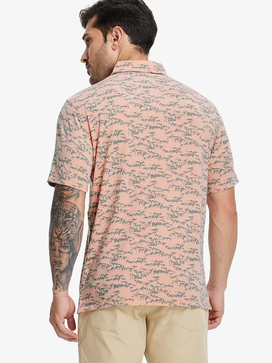 Back half-body view of model in LIGHT ORANGE MASSIF Popular Heather Print Polo