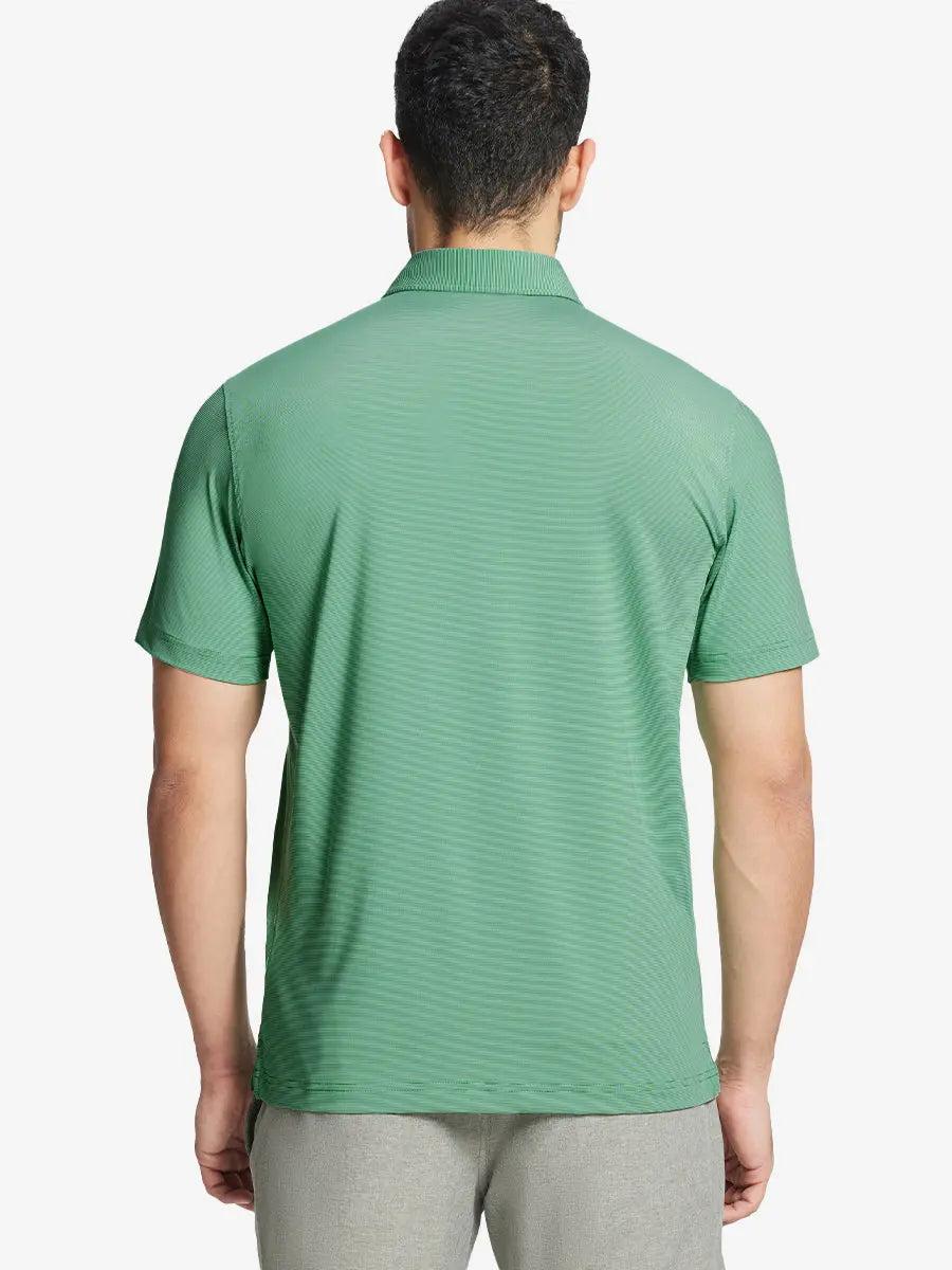 Model in EMERALD STRIPE Pinstripe Jersey Performance Polo holding golf club, front half-body view								

