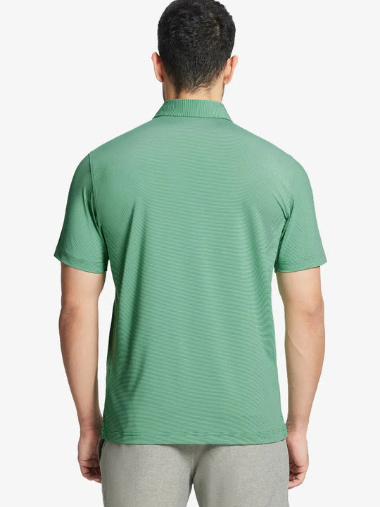 Model in EMERALD STRIPE Pinstripe Jersey Performance Polo holding golf club, front half-body view								
