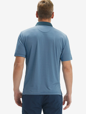 Back half-body of model in blue denim stripe upgraded two-tone striped quick dry polo shirt