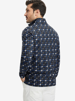 Back upper body of Full print lightweight quarter zip pullover with smooth blue/black houndstooth finish