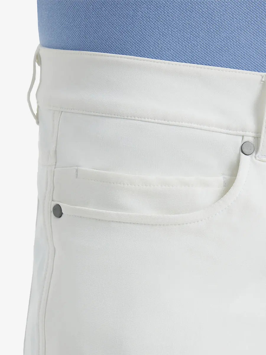 Close-up of right front pocket on Stretch Plain Everyday Pants, detailed stitching – WHITE