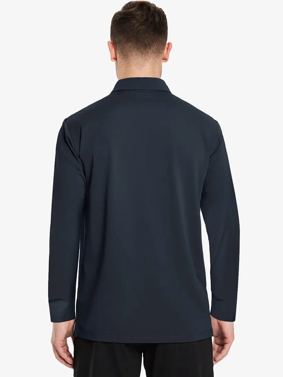 Back view of the dark grey long sleeve pique polo, showcasing its sleek and modern design.