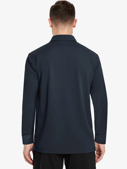 Back view of the dark grey long sleeve pique polo, showcasing its sleek and modern design.