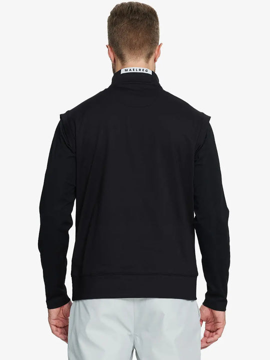 Back half-body view of model in BLACK Stretch Solid Fleece Quarter-Zip Vest.								
