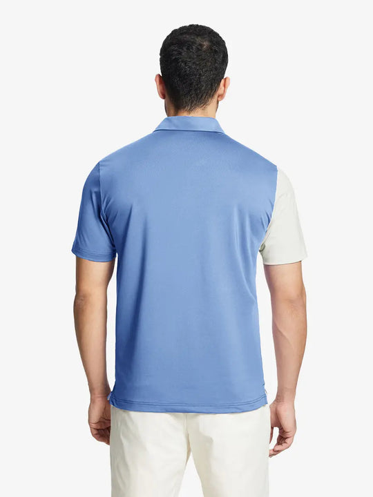 Back half-body view of model in LIGHT BLUE Moisture Wicking Color Block Polo Shirt.