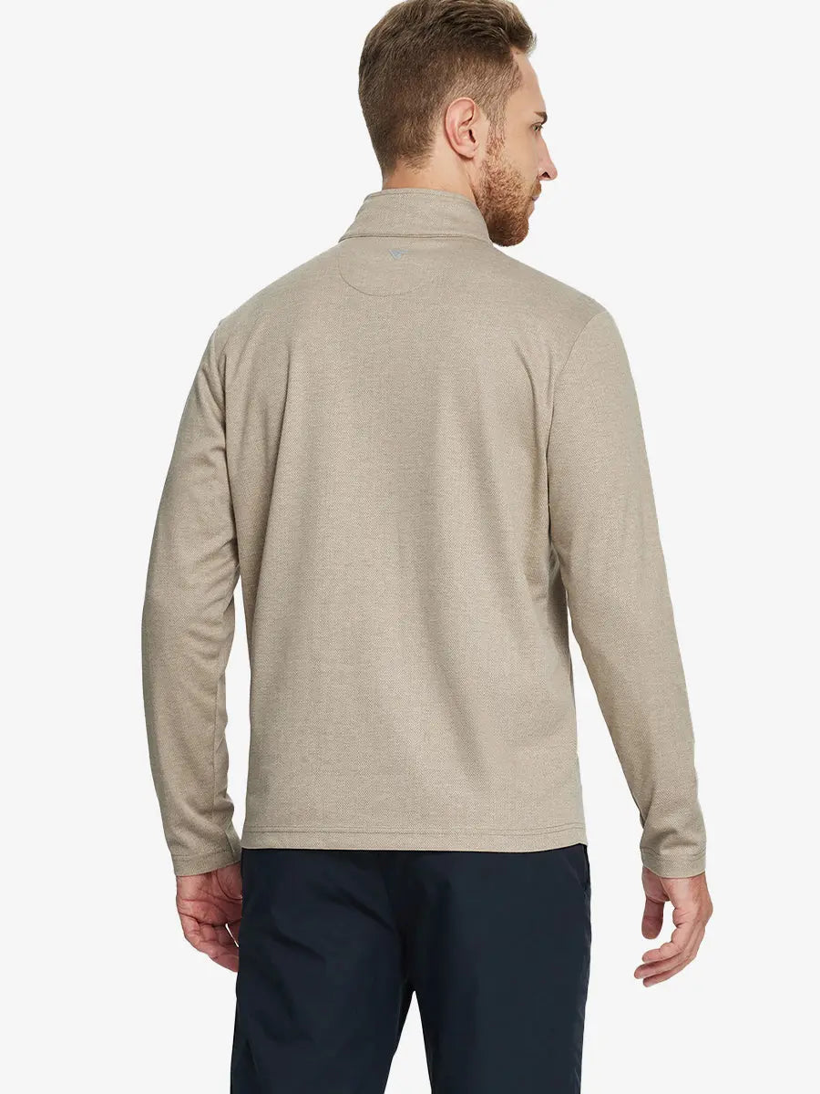 Back half-body view of model in DARK KHAKI HERRINGBONE Premium Jacquard Quarter Zip Pullover.								
