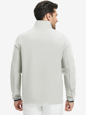 Back upper body view of the silver gray mock neck golf pullover, model turns head for relaxed pose.