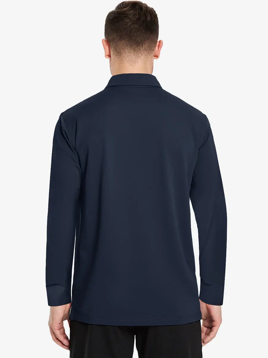 Back view of the navy long sleeve pique polo, showcasing its sleek and stylish design.