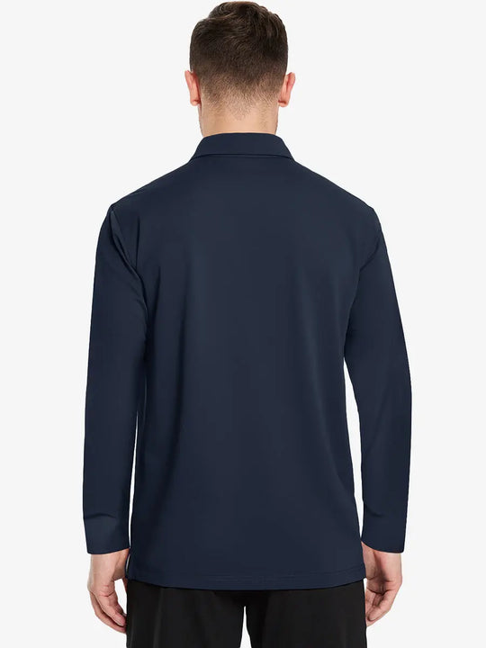 Back view of the navy long sleeve pique polo, showcasing its sleek and stylish design.
