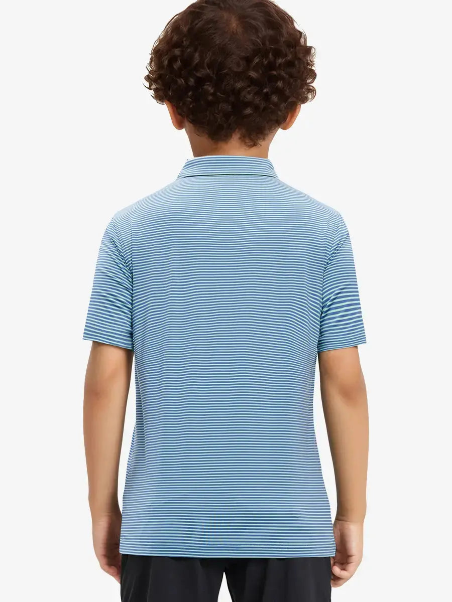 Back view of Youth Cooling Polo – half-body model in Green Ash Stripe