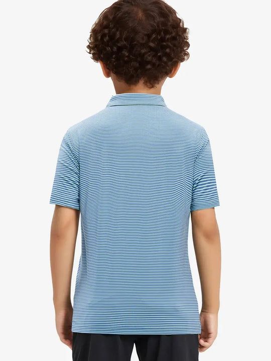 Back view of Youth Cooling Polo – half-body model in Green Ash Stripe