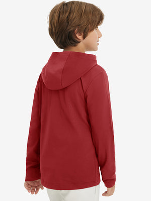 Back upper view of youth long sleeve hoodied with kangaroo pocket in red, showing fit and shoulders.