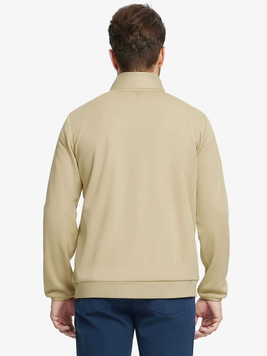 Back upper body view of the Golf Fleece Thermal Jacket in Light Khaki, clean cut and warm look.