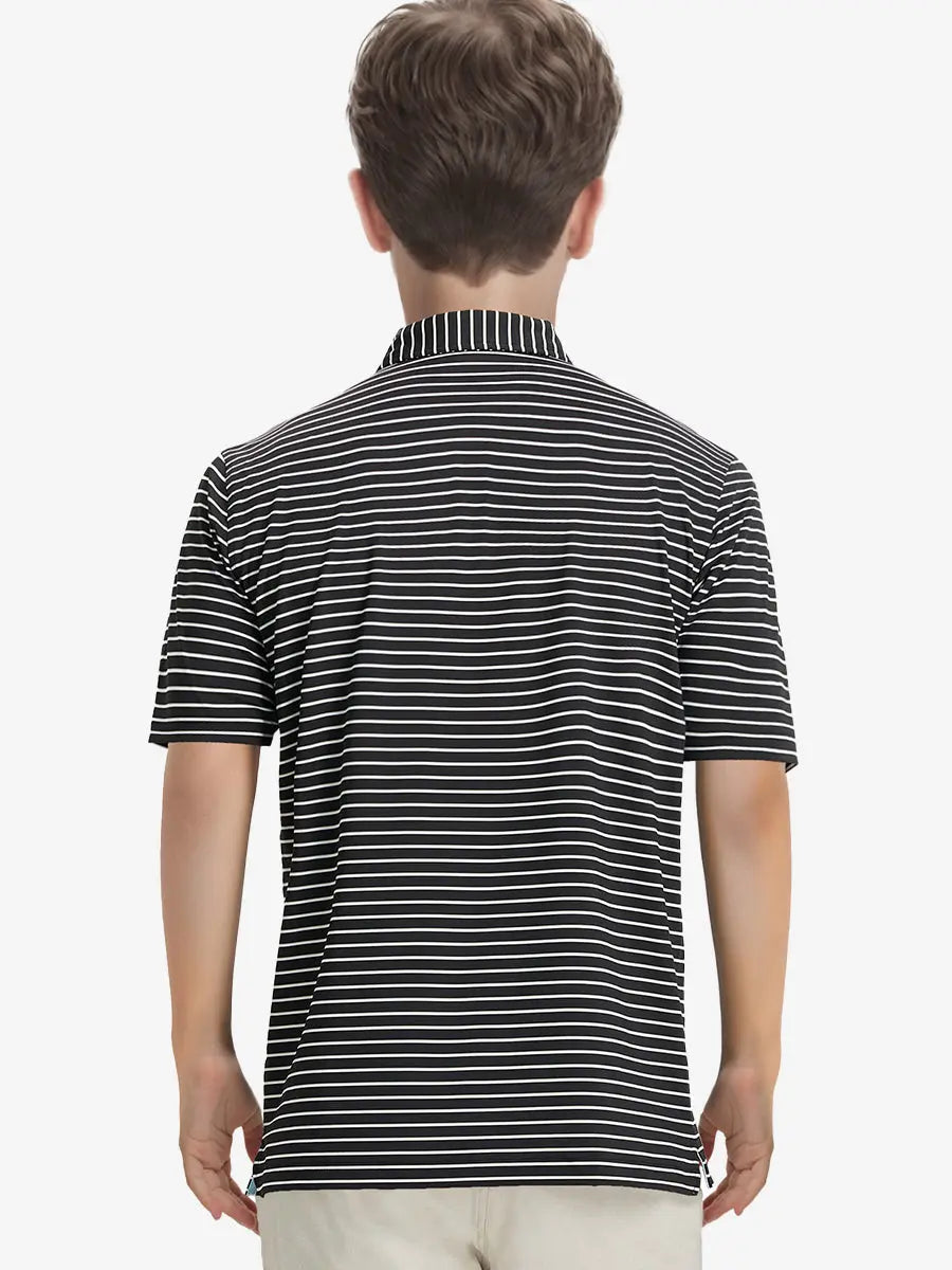 Back half-body view of model wearing BLACK/WHITE STRIPE Youth Performance Golf Polo.