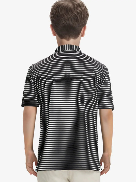 Back half-body view of model wearing BLACK/WHITE STRIPE Youth Performance Golf Polo.