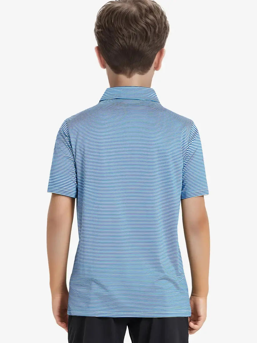Back view of Youth Cooling Polo – half-body model in Aqua Stripe