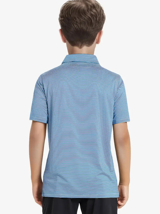 Back view of Youth Cooling Polo – half-body model in Aqua Stripe
