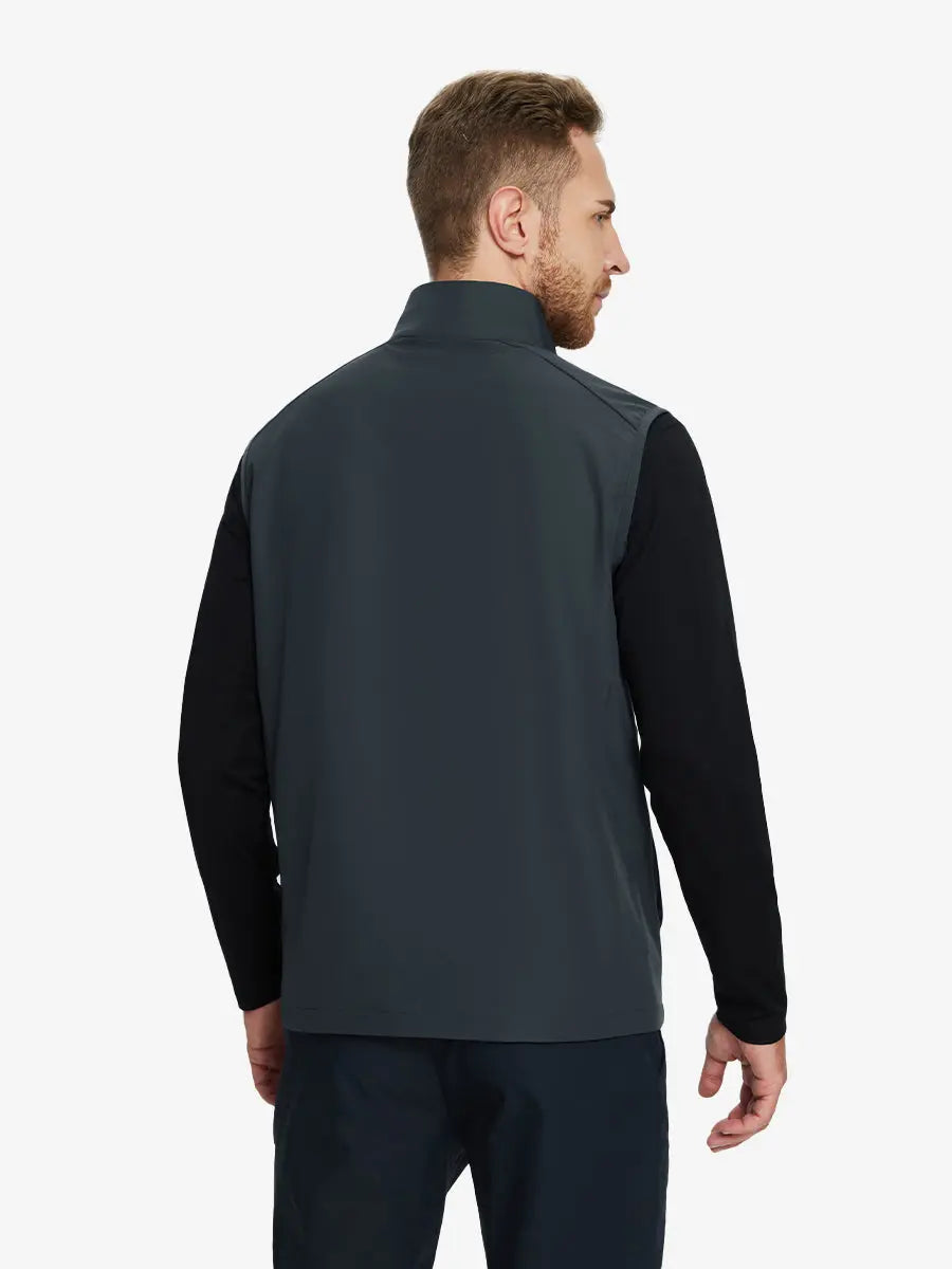 Back view of the dark grey windproof golf vest, emphasizing its clean design and functional features.