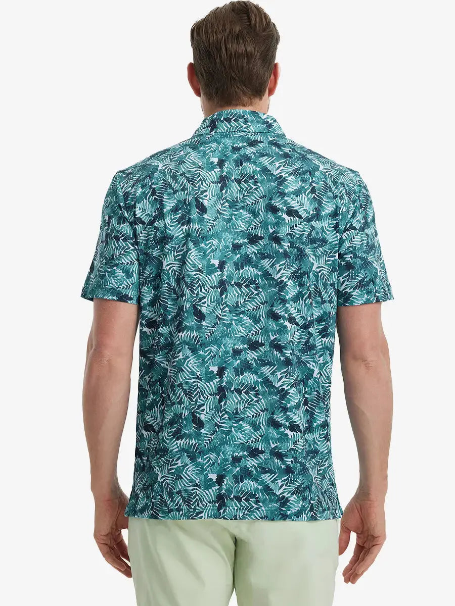Back view of MAELREG Men's Performance Jersey Print Polo in Dark Green Leaf – athletic fit