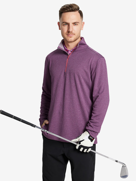 Half-body front shot, model holding golf club in DARK PURPLE MELANGE Moisture Wicking Quarter Zip Pullover.