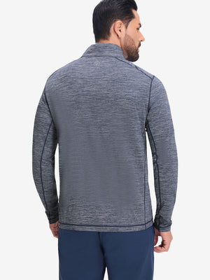 Back upper body shot of model wearing misty blue white grid featherweight midlayer quarter zip pullover