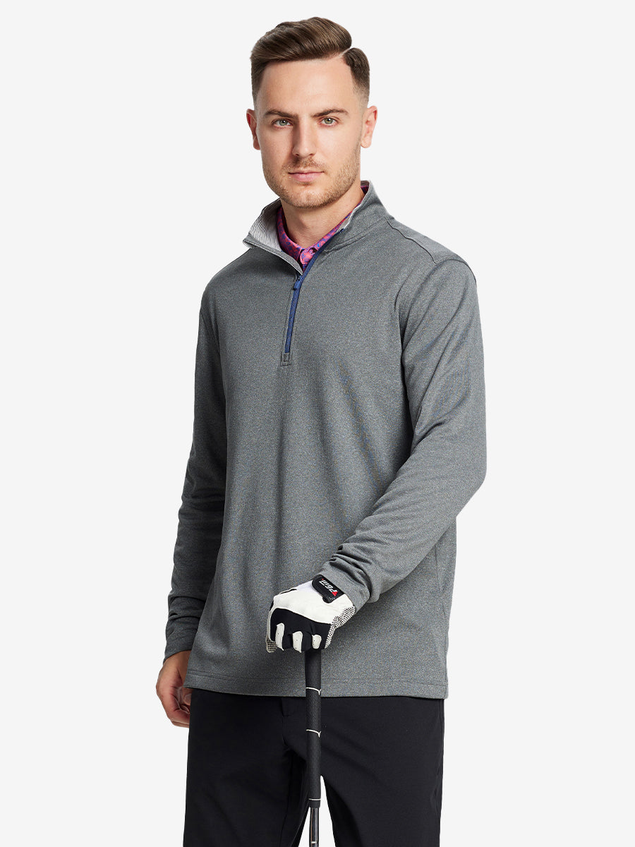Back half-body view, model showcasing fit of GREY MELANG Moisture Wicking Quarter Zip Pullover.