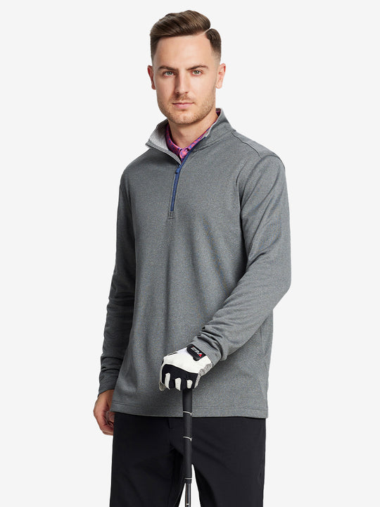 Back half-body view, model showcasing fit of GREY MELANG Moisture Wicking Quarter Zip Pullover.