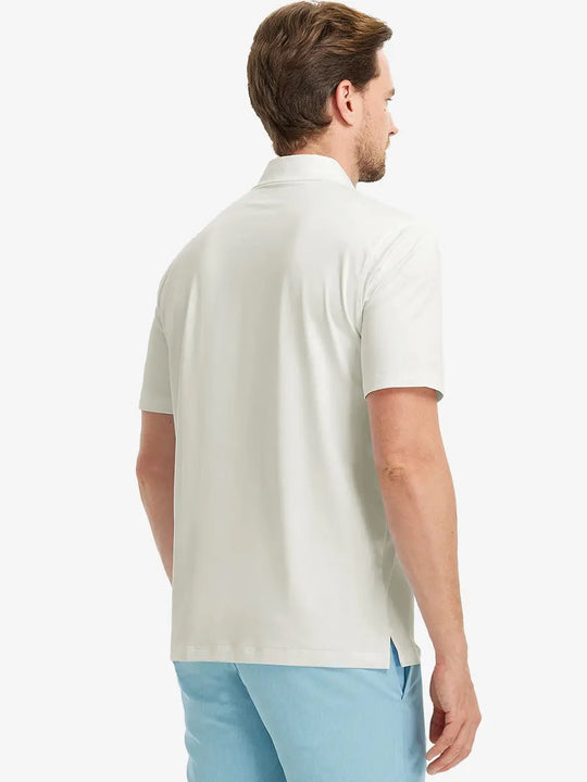 Rear half-body view of Everyday Solid Jersey Polo in CREAM, highlighting neat fit and silhouette.