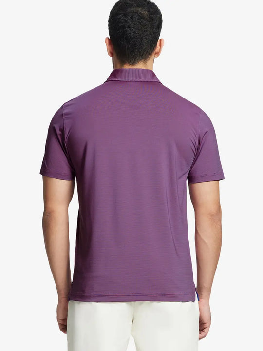 Back half-body view of PINK BLUE STRIPE Pinstripe Jersey Performance Polo worn by model								
