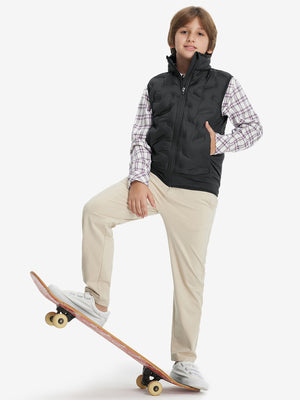 Lifestyle shots of boys full-zip fleece-lined puffer vest in black