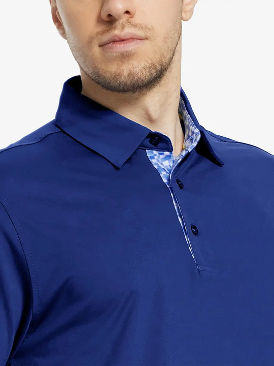 Male model wearing the Klein Blue Everyday Classic Solid Polo, front view from nose to chest