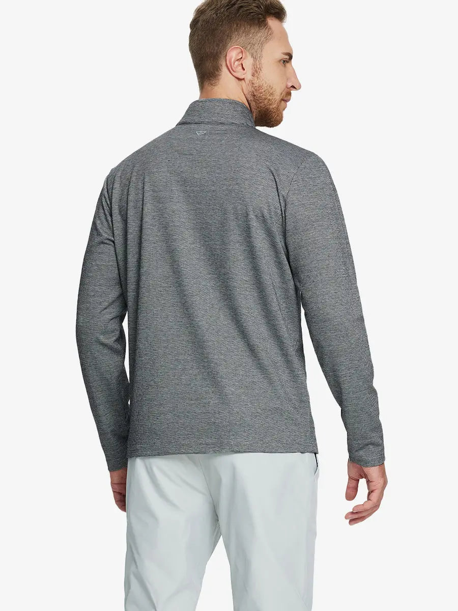 Back half-body view of model in BLACK HOUNDSTOOTH Premium Jacquard Quarter Zip Pullover.								
