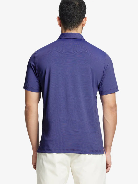 Back half-body view of PLUM BLUE STRIPE Pinstripe Jersey Performance Polo worn by model								
