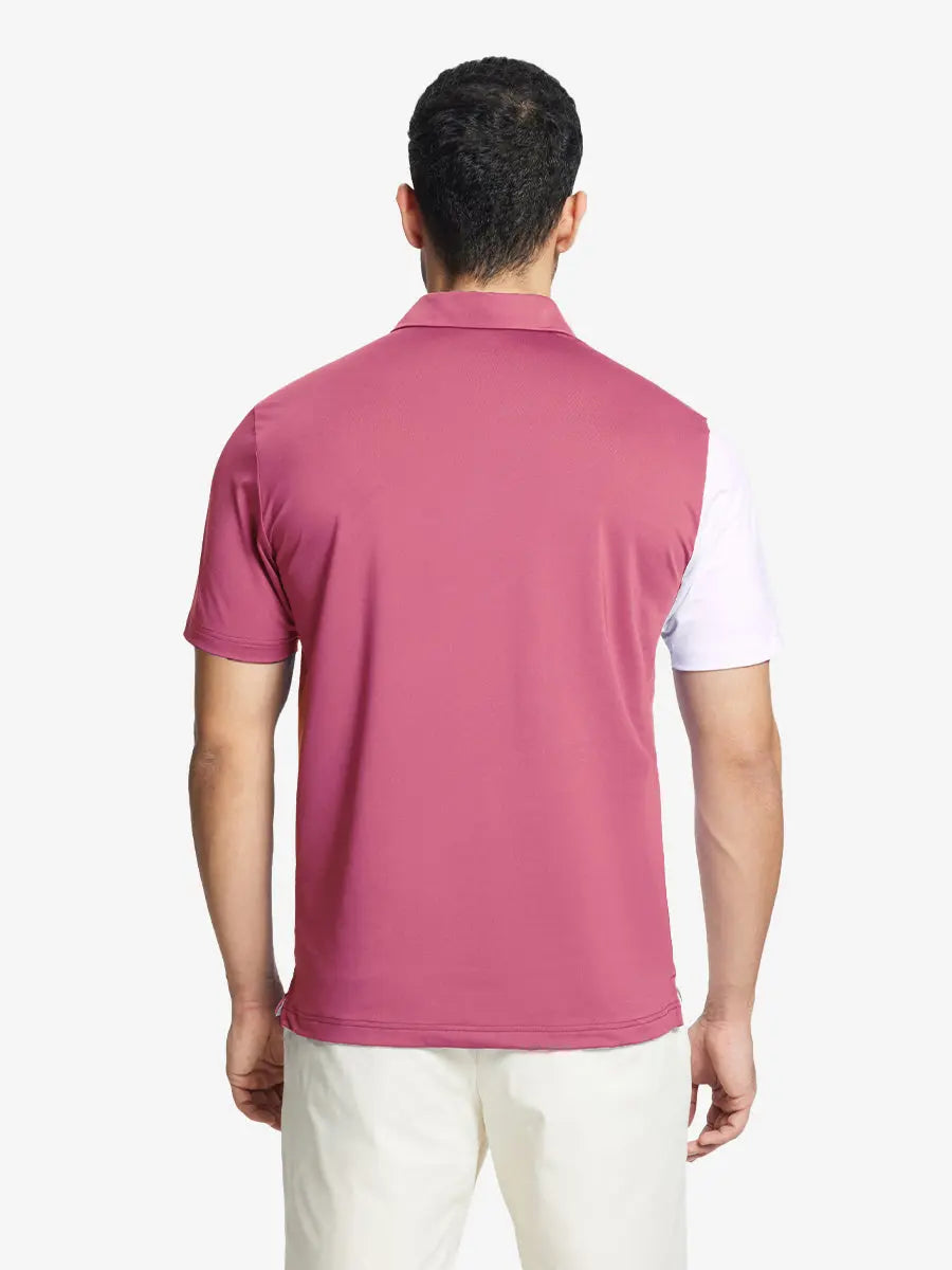 Back half-body view of model in CRANBERRY Moisture Wicking Color Block Polo Shirt.