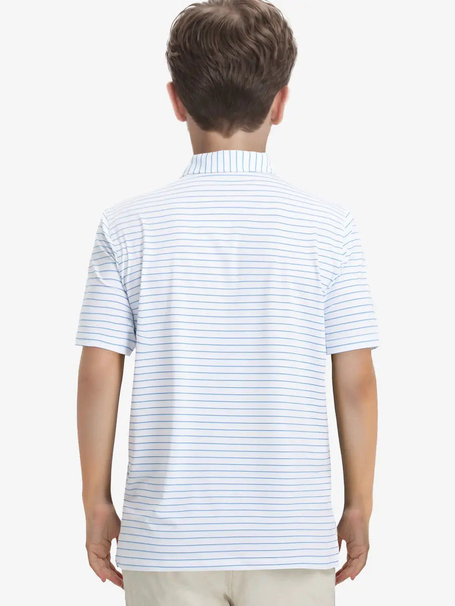 Back half-body view of model wearing WHITE/LIGHT BLUE STRIPE Youth Performance Golf Polo.