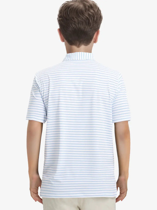 Back half-body view of model wearing WHITE/LIGHT BLUE STRIPE Youth Performance Golf Polo.