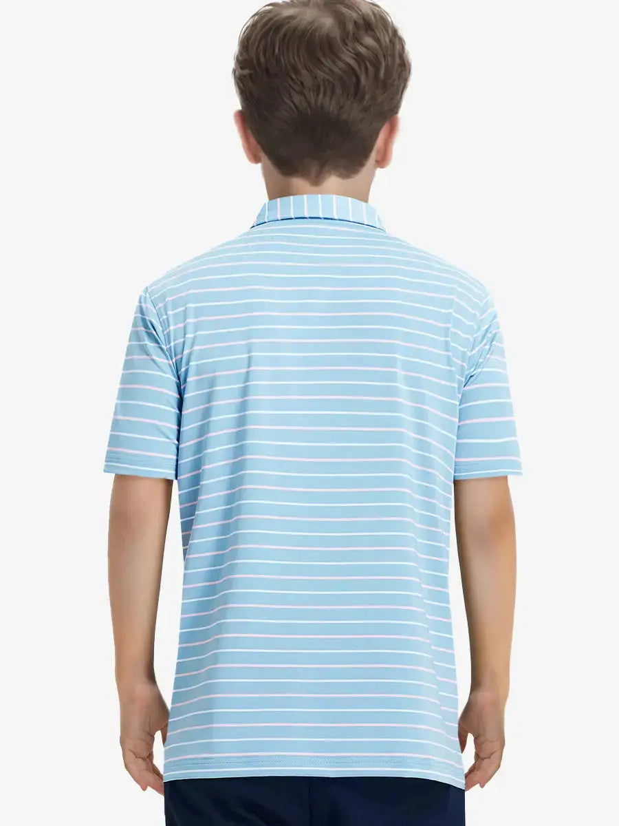Back half-body view of child wearing MISTY BLUE STRIPE Kids Stylish Stripe Polo Shirt.