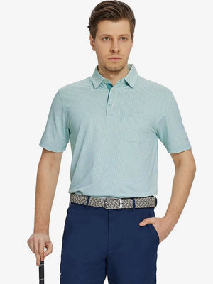 Model holding golf club, front half-body in EMERALD Elegant Performance Jacquard Polo