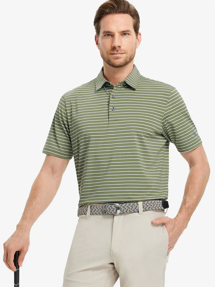 Model posing mid-swing in LIGHT GREEN/WHITE STRIPE Polo with calm style